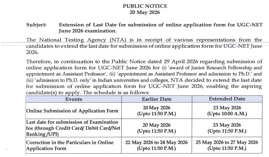 UGC NET June 2026 Application Date Extended