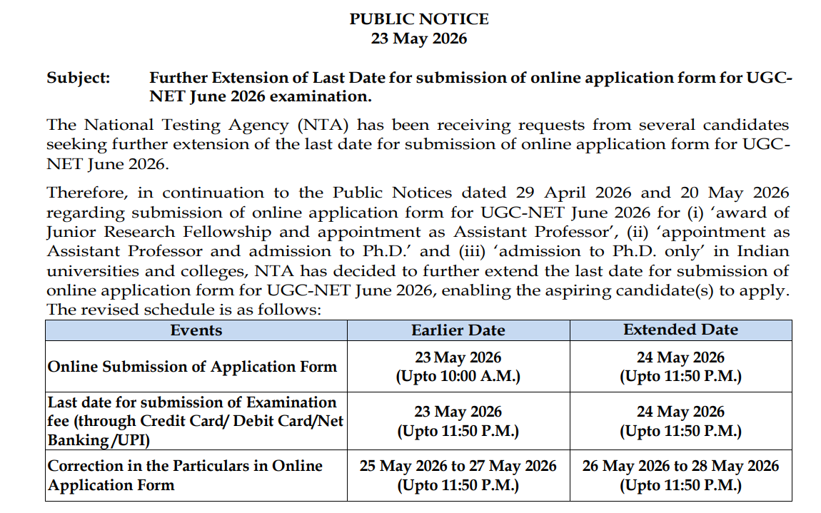 UGC NET June 2026 Revised Schedule