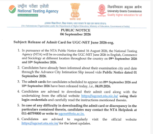 ugc net re exam admit card notice 2026
