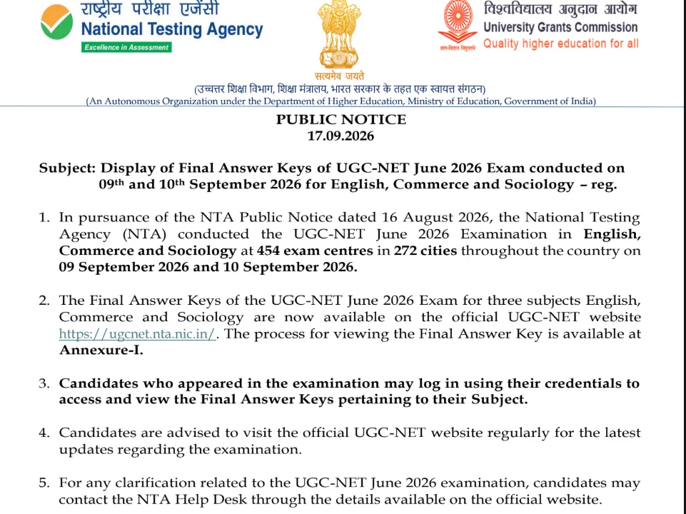 UGC NET re-exam final answer key 2026
